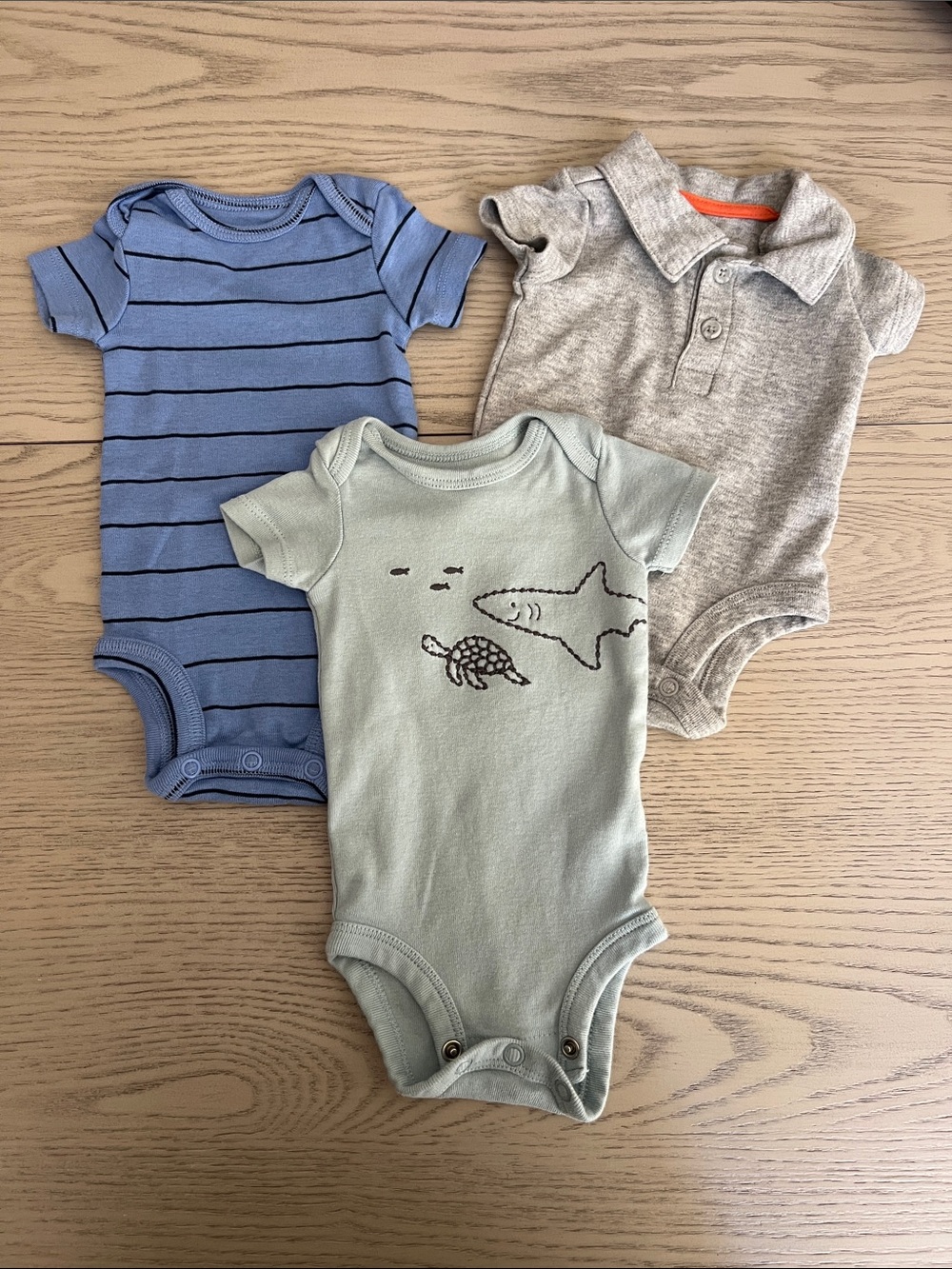 3-Pack Baby One-Piece Bodysuits - Blue Stripe, Sage Shark, Heather Gray